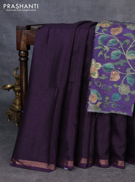 Semi matka saree deep violet with thread stripe pattern and kalamkari pita work border