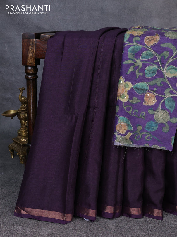 Semi matka saree deep violet with thread stripe pattern and kalamkari pita work border