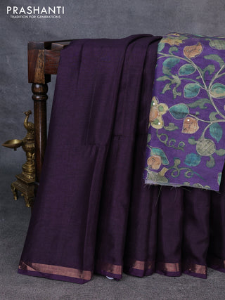 Semi matka saree deep violet with thread stripe pattern and kalamkari pita work border