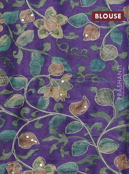 Semi matka saree deep violet with thread stripe pattern and kalamkari pita work border