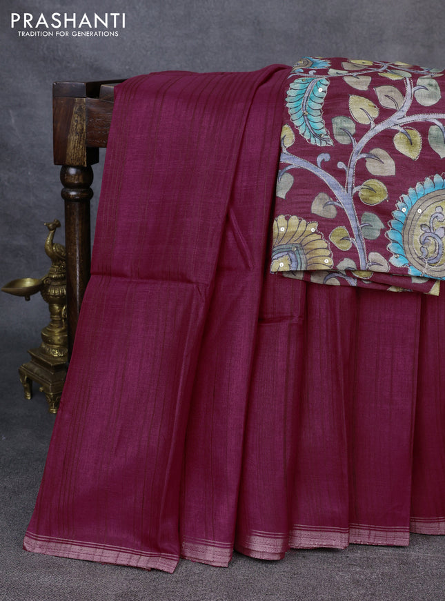 Semi matka saree dark pink with thread stripe pattern and kalamkari pita work border