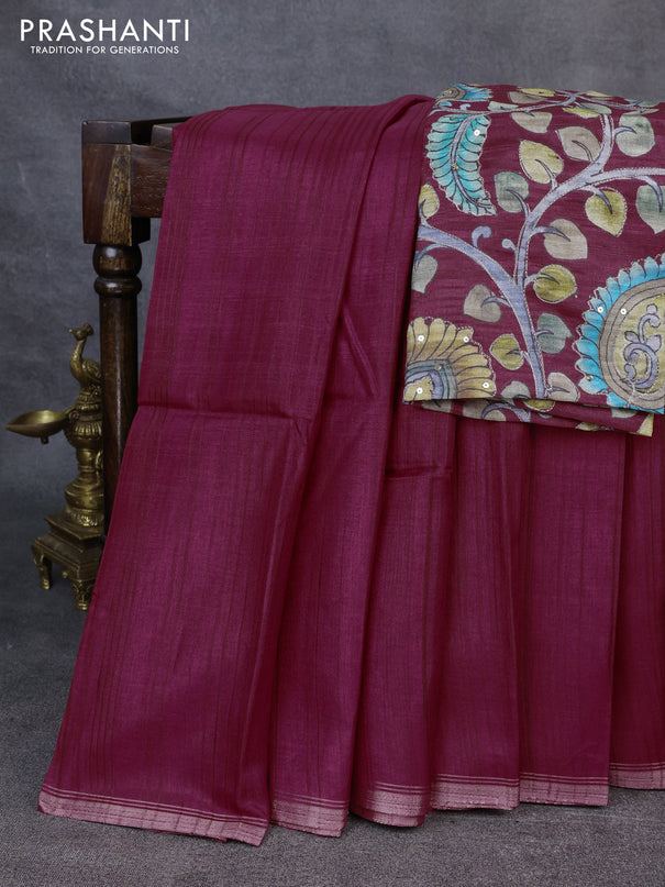 Semi matka saree dark pink with thread stripe pattern and kalamkari pita work border