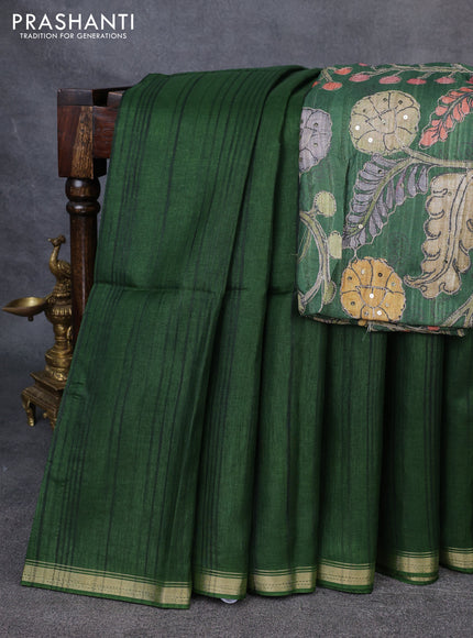 Semi matka saree sap green with thread stripe pattern and kalamkari pita work border