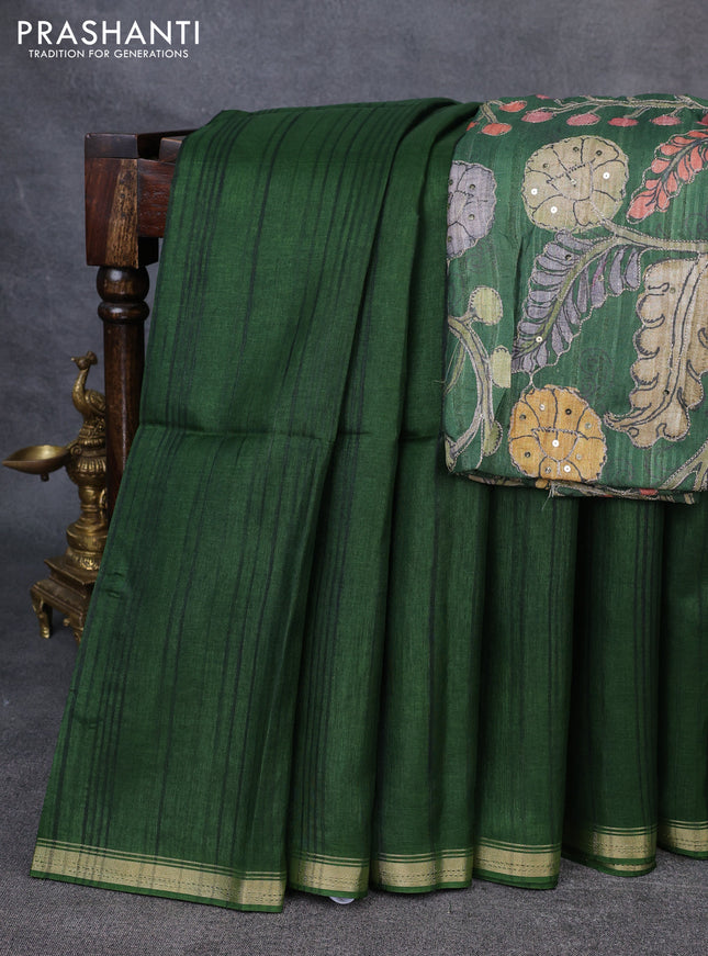 Semi matka saree sap green with thread stripe pattern and kalamkari pita work border
