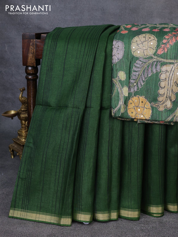 Semi matka saree sap green with thread stripe pattern and kalamkari pita work border
