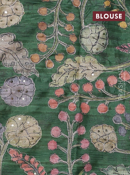Semi matka saree sap green with thread stripe pattern and kalamkari pita work border