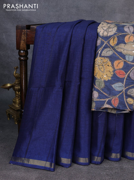 Semi matka saree navy blue with thread stripe pattern and kalamkari pita work border