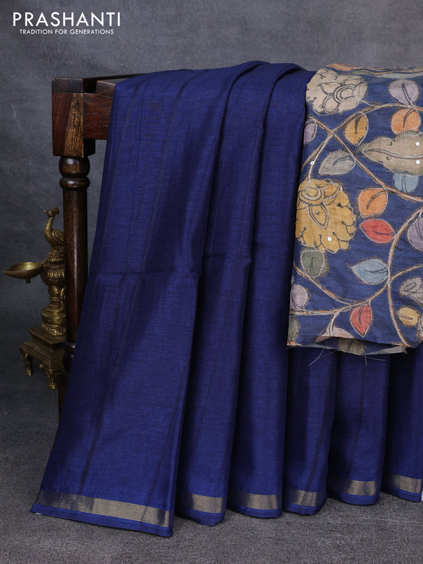 Semi matka saree navy blue with thread stripe pattern and kalamkari pita work border