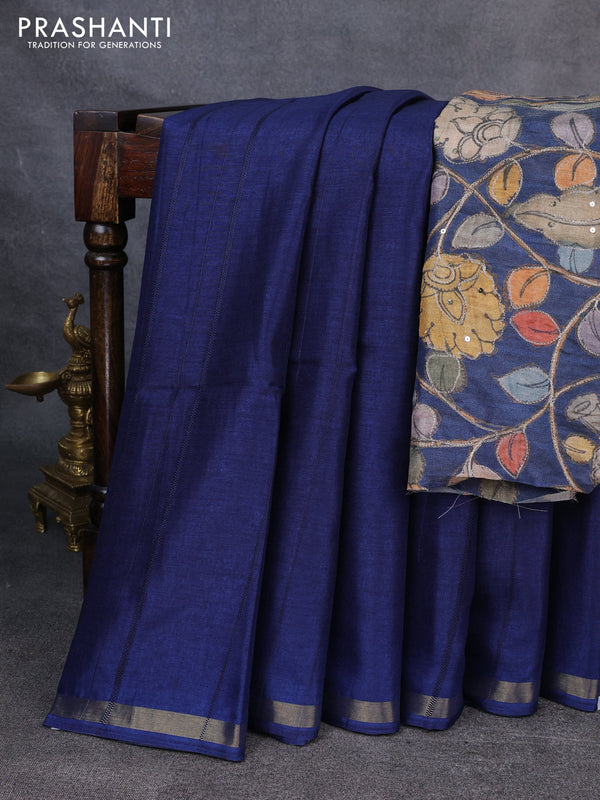 Semi matka saree navy blue with thread stripe pattern and kalamkari pita work border