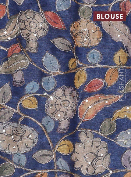 Semi matka saree navy blue with thread stripe pattern and kalamkari pita work border