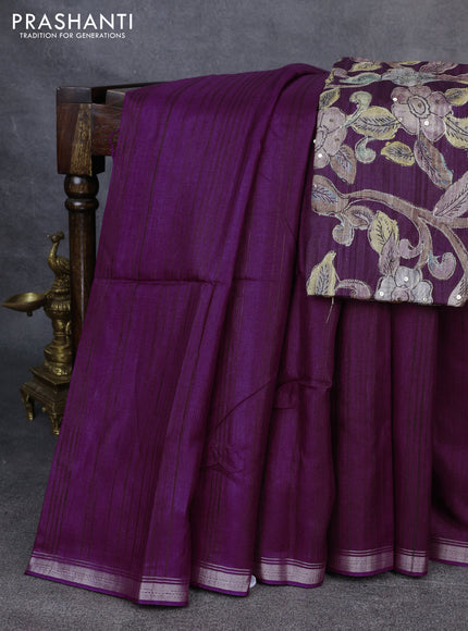 Semi matka saree purple with thread stripe pattern and kalamkari pita work border