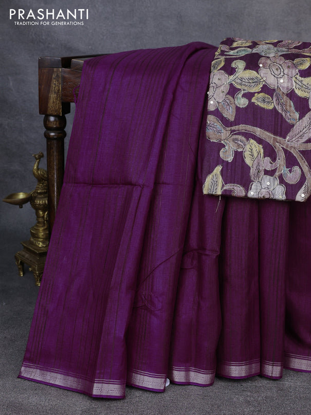 Semi matka saree purple with thread stripe pattern and kalamkari pita work border