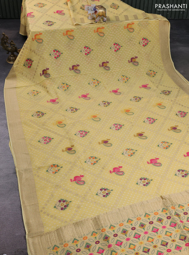 Banarasi semi georgette saree pale yellow with allover thread & zari woven buttas and zari woven border