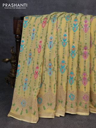 Banarasi semi georgette saree pale yellow with allover thread & zari weaves and woven border