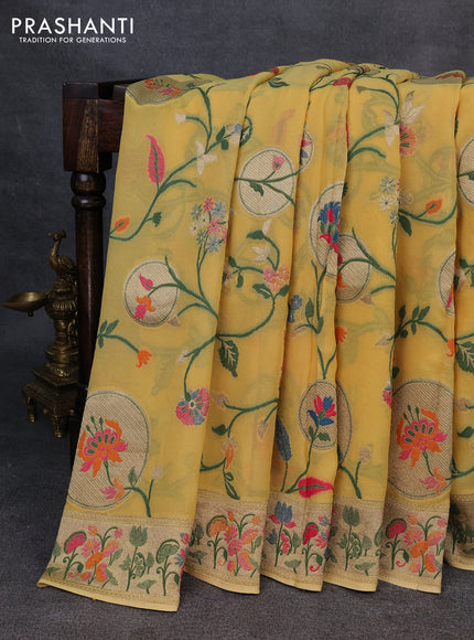 Banarasi semi georgette saree yellow with allover thread & zari weaves and woven border