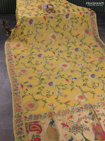 Banarasi semi georgette saree yellow with allover thread & zari weaves and woven border