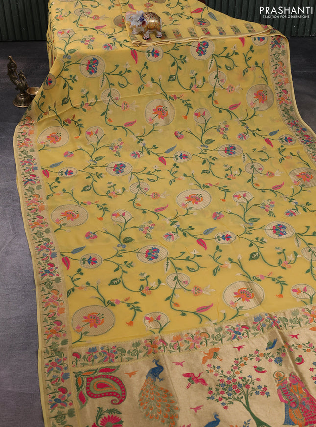 Banarasi semi georgette saree yellow with allover thread & zari weaves and woven border