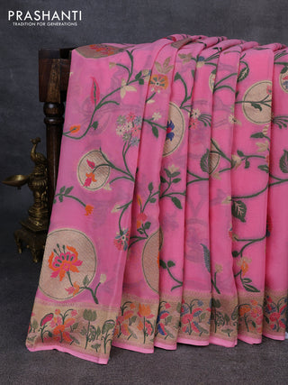 Banarasi semi georgette saree pink with allover thread & zari weaves and woven border