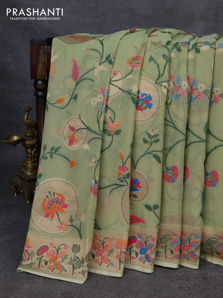 Banarasi semi georgette saree pista green with allover thread & zari weaves and woven border