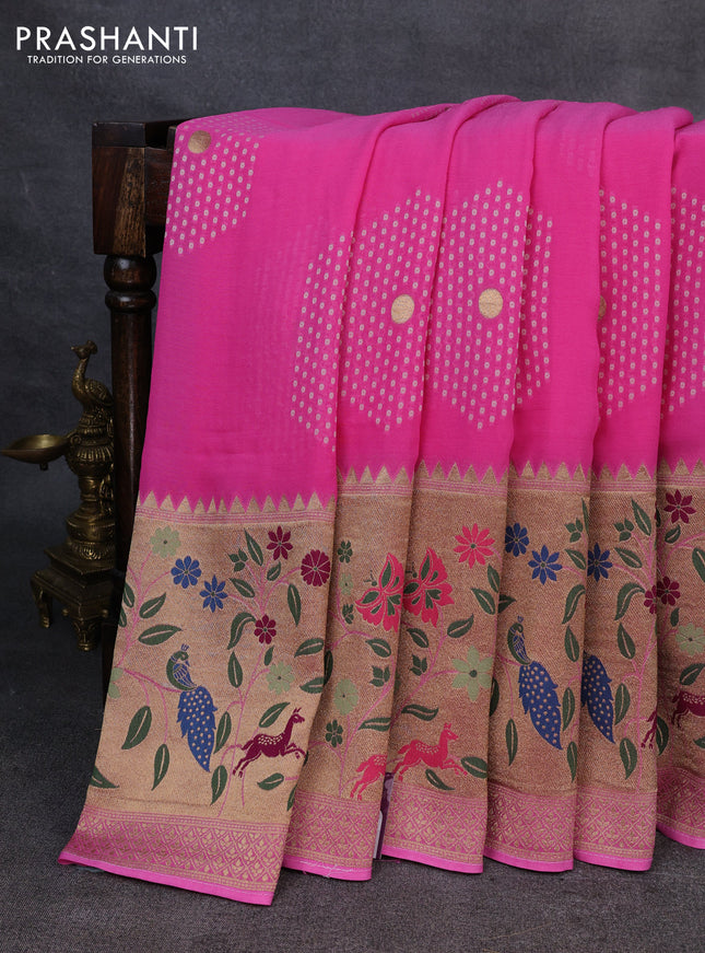 Banarasi semi georgette saree pink with allover thread & zari woven buttas and paithani style border
