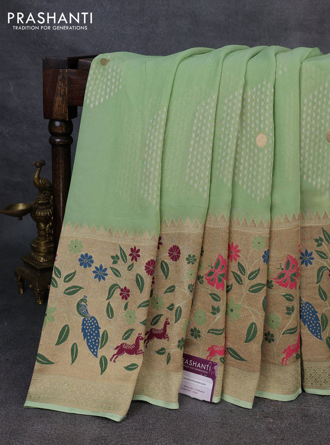 Banarasi semi georgette saree pista green with allover thread & zari woven buttas and paithani style border