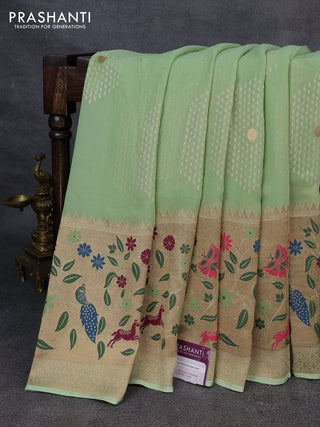 Banarasi semi georgette saree pista green with allover thread & zari woven buttas and paithani style border