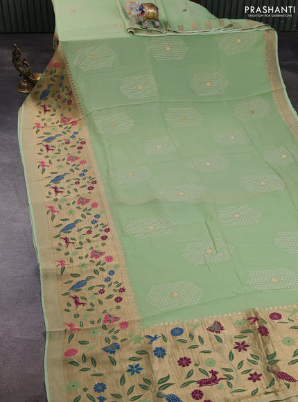 Banarasi semi georgette saree pista green with allover thread & zari woven buttas and paithani style border