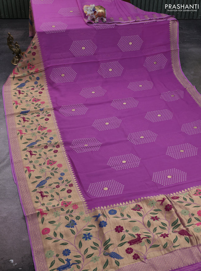 Banarasi semi georgette saree lavender with allover thread & zari woven buttas and paithani style border