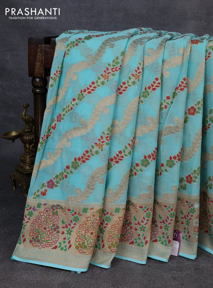 Banarasi semi georgette saree teal blue with allover thread & zari weaves and woven border
