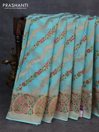 Banarasi semi georgette saree teal blue with allover thread & zari weaves and woven border