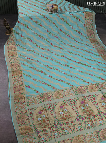 Banarasi semi georgette saree teal blue with allover thread & zari weaves and woven border