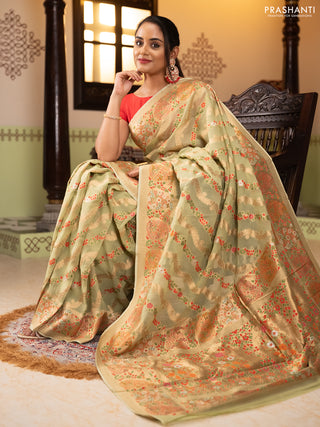 Banarasi semi georgette saree pista green with allover thread & zari weaves and woven border