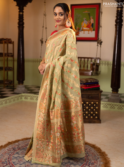 Banarasi semi georgette saree pista green with allover thread & zari weaves and woven border