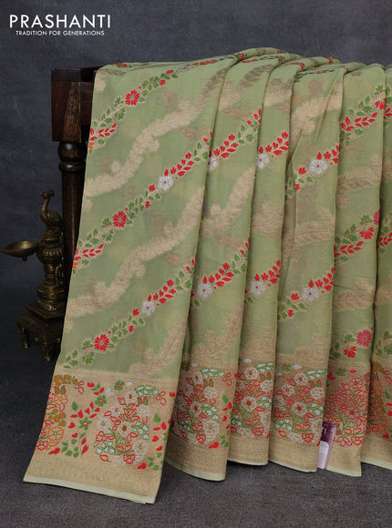 Banarasi semi georgette saree pista green with allover thread & zari weaves and woven border