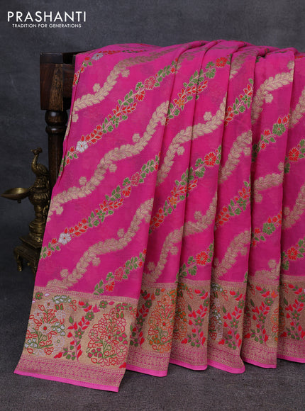 Banarasi semi georgette saree candy pink with allover thread & zari weaves and woven border