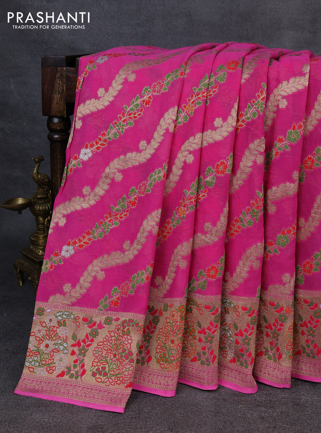 Banarasi semi georgette saree candy pink with allover thread & zari weaves and woven border
