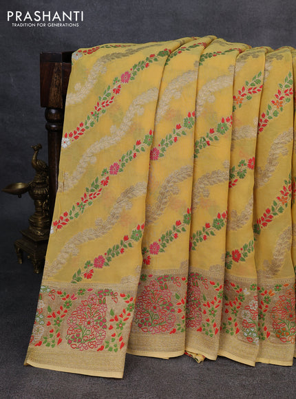 Banarasi semi georgette saree pale yellow with allover thread & zari weaves and woven border