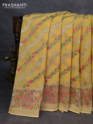 Banarasi semi georgette saree pale yellow with allover thread & zari weaves and woven border