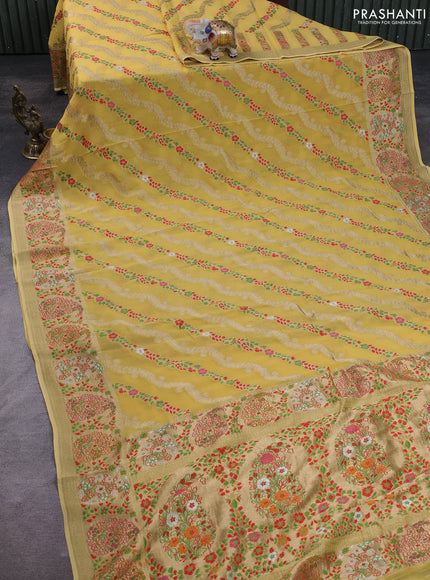 Banarasi semi georgette saree pale yellow with allover thread & zari weaves and woven border