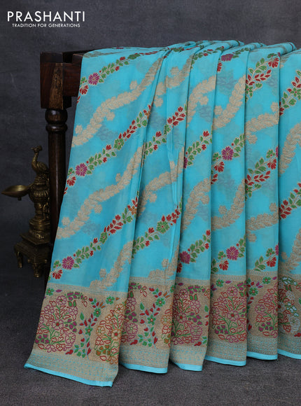 Banarasi semi georgette saree teal blue with allover thread & zari weaves and woven border