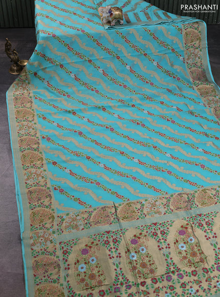 Banarasi semi georgette saree teal blue with allover thread & zari weaves and woven border