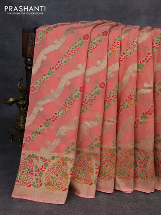 Banarasi semi georgette saree peach shade with allover thread & zari weaves and woven border