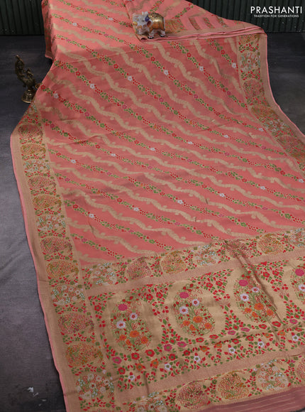 Banarasi semi georgette saree peach shade with allover thread & zari weaves and woven border