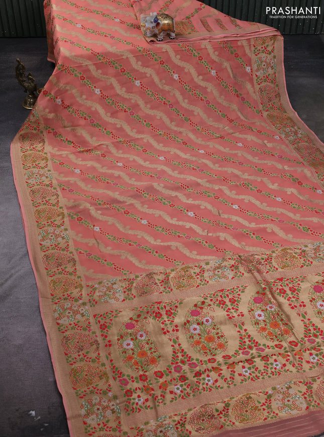 Banarasi semi georgette saree peach shade with allover thread & zari weaves and woven border