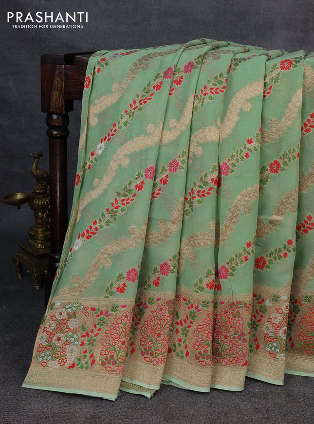 Banarasi semi georgette saree teal green with allover thread & zari weaves and woven border