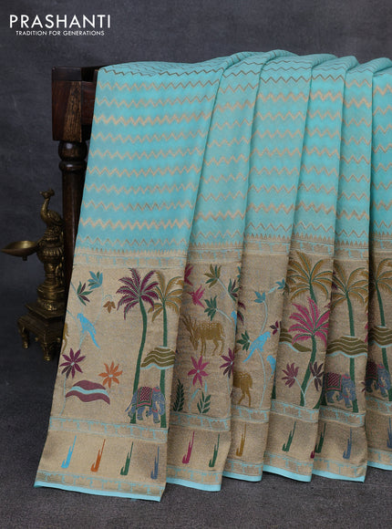 Banarasi semi georgette saree teal blue with allover zari zigzag weaves and paithani style border
