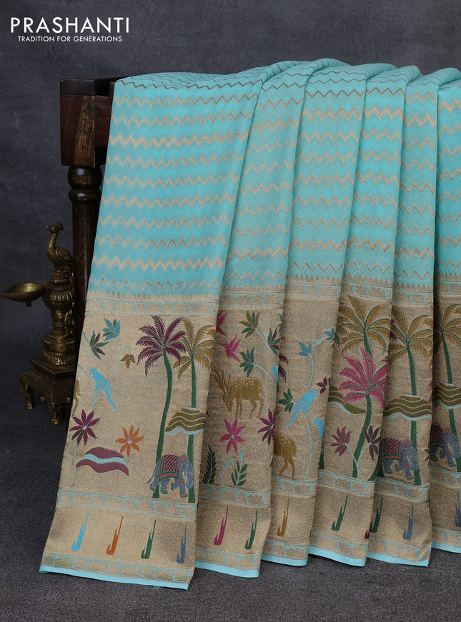 Banarasi semi georgette saree teal blue with allover zari zigzag weaves and paithani style border