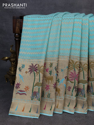 Banarasi semi georgette saree teal blue with allover zari zigzag weaves and paithani style border
