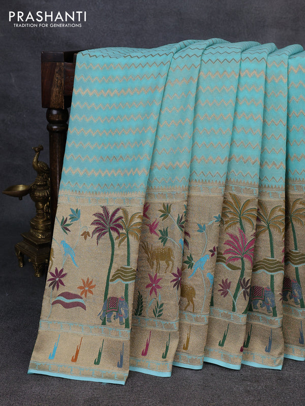 Banarasi semi georgette saree teal blue with allover zari zigzag weaves and paithani style border