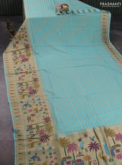 Banarasi semi georgette saree teal blue with allover zari zigzag weaves and paithani style border
